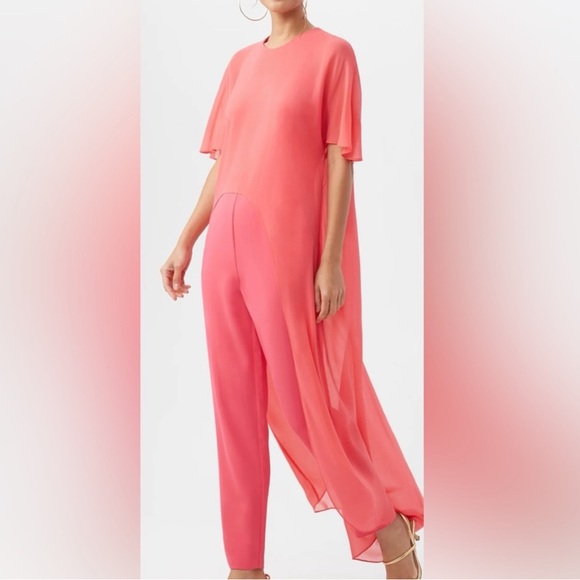 Chic Capote Jumpsuit with sheer short sleeve silk chiffon high-low overlay. - Picture 3 of 3